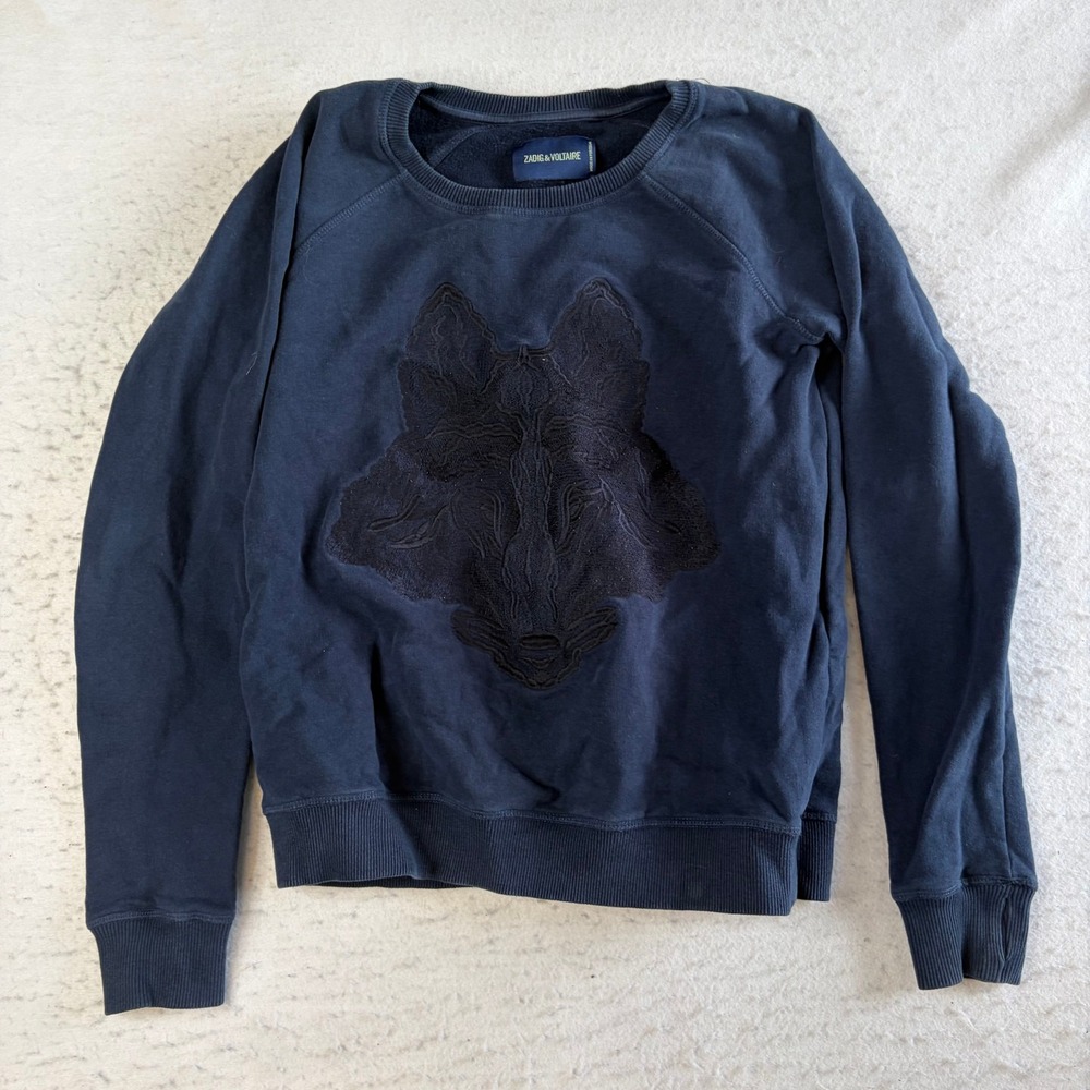 Zadig & Voltaire Wolf Embroidered Sweatshirt Small Navy Blue Crewneck Raglan